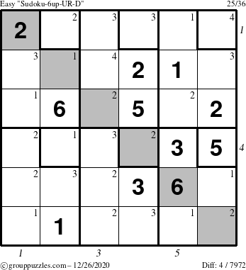 The grouppuzzles.com Easy Sudoku-6up-UR-D puzzle for Saturday December 26, 2020, suitable for printing, with all 4 steps marked