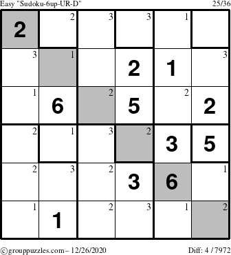 The grouppuzzles.com Easy Sudoku-6up-UR-D puzzle for Saturday December 26, 2020 with the first 3 steps marked