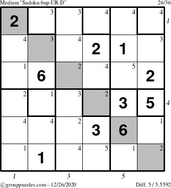 The grouppuzzles.com Medium Sudoku-6up-UR-D puzzle for Saturday December 26, 2020 with all 5 steps marked