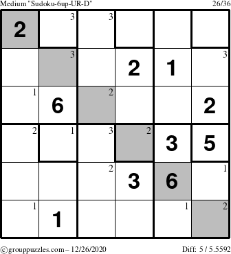 The grouppuzzles.com Medium Sudoku-6up-UR-D puzzle for Saturday December 26, 2020 with the first 3 steps marked