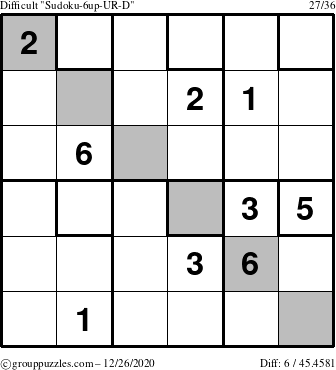 The grouppuzzles.com Difficult Sudoku-6up-UR-D puzzle for Saturday December 26, 2020