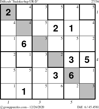 The grouppuzzles.com Difficult Sudoku-6up-UR-D puzzle for Saturday December 26, 2020, suitable for printing, with all 6 steps marked