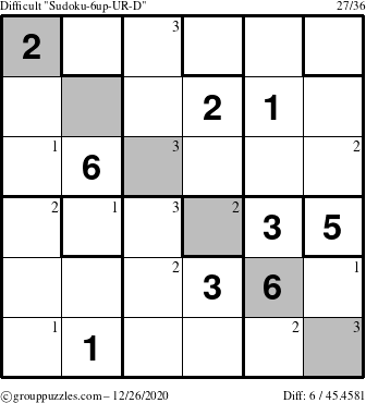 The grouppuzzles.com Difficult Sudoku-6up-UR-D puzzle for Saturday December 26, 2020 with the first 3 steps marked