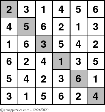 The grouppuzzles.com Answer grid for the Sudoku-6up-UR-D puzzle for Saturday December 26, 2020