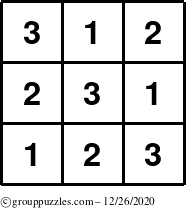 The grouppuzzles.com Answer grid for the TicTac-123 puzzle for Saturday December 26, 2020