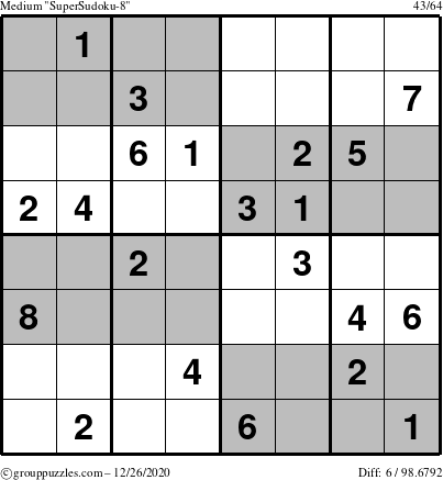 The grouppuzzles.com Medium SuperSudoku-8 puzzle for Saturday December 26, 2020