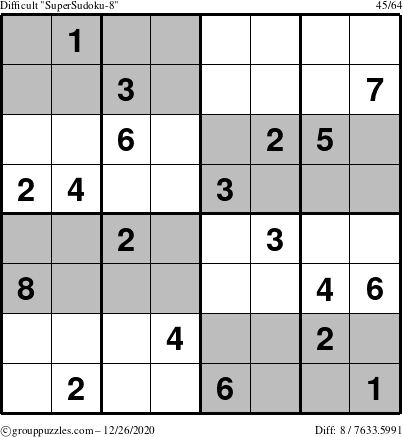 The grouppuzzles.com Difficult SuperSudoku-8 puzzle for Saturday December 26, 2020