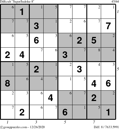 The grouppuzzles.com Difficult SuperSudoku-8 puzzle for Saturday December 26, 2020 with all 8 steps marked