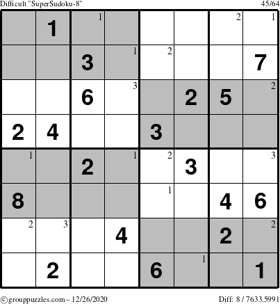 The grouppuzzles.com Difficult SuperSudoku-8 puzzle for Saturday December 26, 2020 with the first 3 steps marked