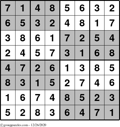 The grouppuzzles.com Answer grid for the SuperSudoku-8 puzzle for Saturday December 26, 2020