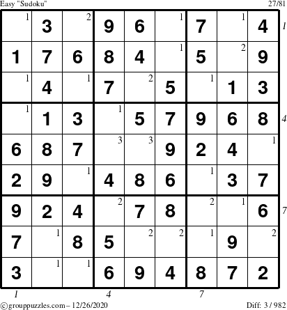 The grouppuzzles.com Easy Sudoku puzzle for Saturday December 26, 2020, suitable for printing, with all 3 steps marked