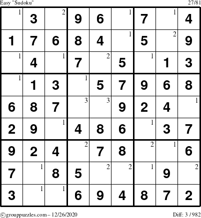 The grouppuzzles.com Easy Sudoku puzzle for Saturday December 26, 2020 with the first 3 steps marked