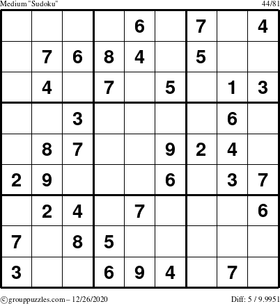 The grouppuzzles.com Medium Sudoku puzzle for Saturday December 26, 2020