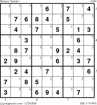 The grouppuzzles.com Medium Sudoku puzzle for Saturday December 26, 2020 with all 5 steps marked