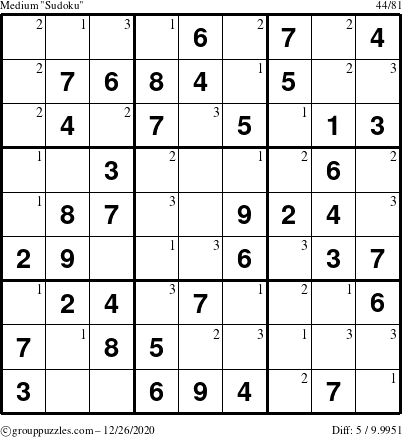 The grouppuzzles.com Medium Sudoku puzzle for Saturday December 26, 2020 with the first 3 steps marked