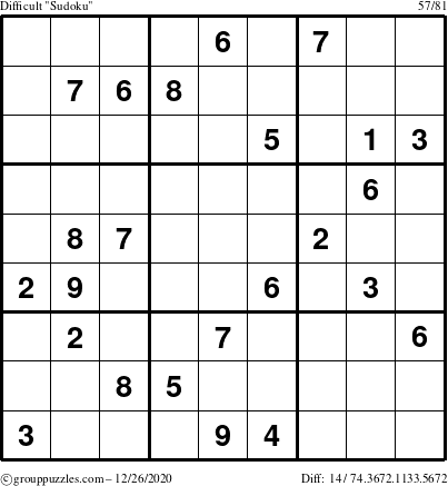 The grouppuzzles.com Difficult Sudoku puzzle for Saturday December 26, 2020