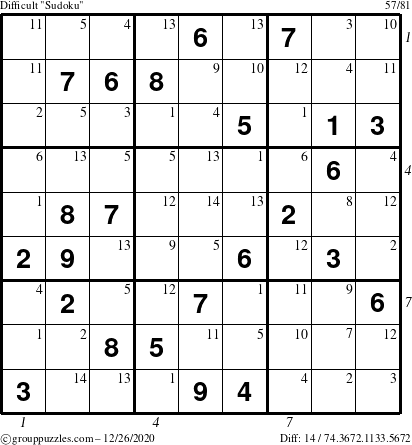 The grouppuzzles.com Difficult Sudoku puzzle for Saturday December 26, 2020 with all 14 steps marked