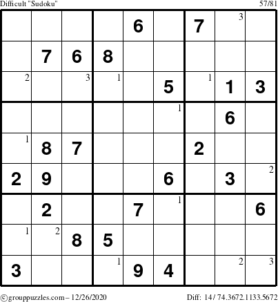 The grouppuzzles.com Difficult Sudoku puzzle for Saturday December 26, 2020 with the first 3 steps marked