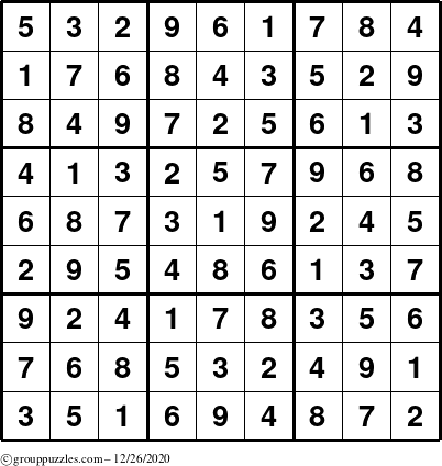 The grouppuzzles.com Answer grid for the Sudoku puzzle for Saturday December 26, 2020