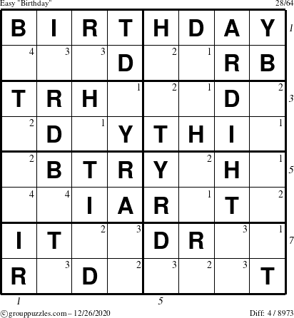 The grouppuzzles.com Easy Birthday puzzle for Saturday December 26, 2020 with all 4 steps marked