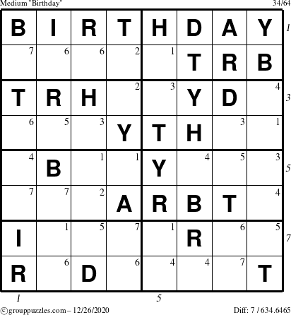 The grouppuzzles.com Medium Birthday puzzle for Saturday December 26, 2020 with all 7 steps marked