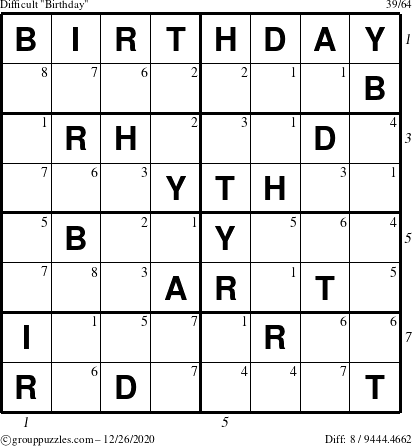 The grouppuzzles.com Difficult Birthday puzzle for Saturday December 26, 2020 with all 8 steps marked