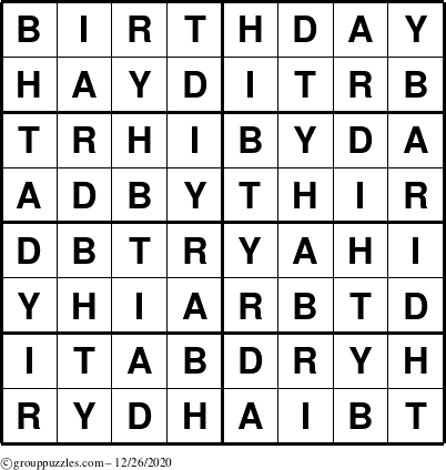 The grouppuzzles.com Answer grid for the Birthday puzzle for Saturday December 26, 2020