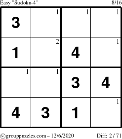 The grouppuzzles.com Easy Sudoku-4 puzzle for Sunday December 6, 2020 with the first 2 steps marked