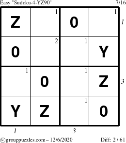 The grouppuzzles.com Easy Sudoku-4-YZ90 puzzle for Sunday December 6, 2020, suitable for printing, with all 2 steps marked