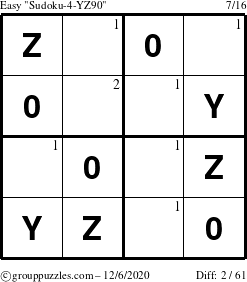 The grouppuzzles.com Easy Sudoku-4-YZ90 puzzle for Sunday December 6, 2020 with the first 2 steps marked