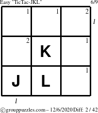 The grouppuzzles.com Easy TicTac-JKL puzzle for Sunday December 6, 2020 with all 2 steps marked