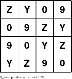 The grouppuzzles.com Answer grid for the Sudoku-4-YZ90 puzzle for Sunday December 6, 2020