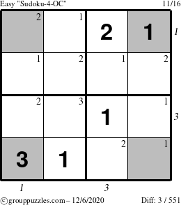 The grouppuzzles.com Easy Sudoku-4-OC puzzle for Sunday December 6, 2020, suitable for printing, with all 3 steps marked