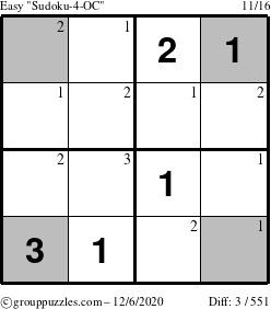 The grouppuzzles.com Easy Sudoku-4-OC puzzle for Sunday December 6, 2020 with the first 3 steps marked