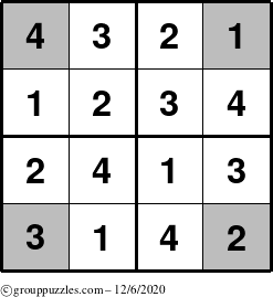 The grouppuzzles.com Answer grid for the Sudoku-4-OC puzzle for Sunday December 6, 2020