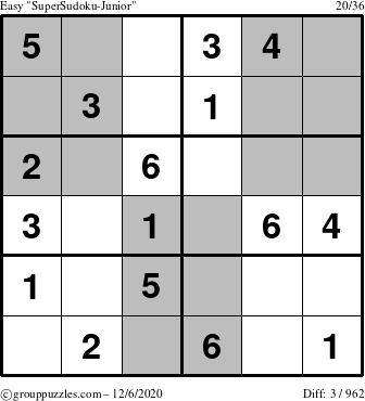 The grouppuzzles.com Easy SuperSudoku-Junior puzzle for Sunday December 6, 2020