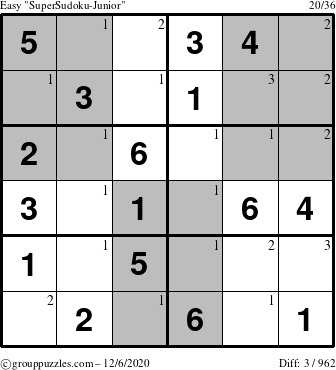 The grouppuzzles.com Easy SuperSudoku-Junior puzzle for Sunday December 6, 2020 with the first 3 steps marked