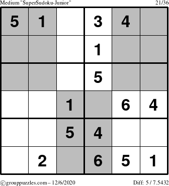 The grouppuzzles.com Medium SuperSudoku-Junior puzzle for Sunday December 6, 2020