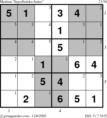 The grouppuzzles.com Medium SuperSudoku-Junior puzzle for Sunday December 6, 2020 with all 5 steps marked