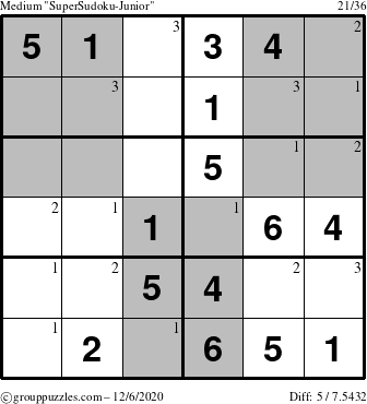 The grouppuzzles.com Medium SuperSudoku-Junior puzzle for Sunday December 6, 2020 with the first 3 steps marked