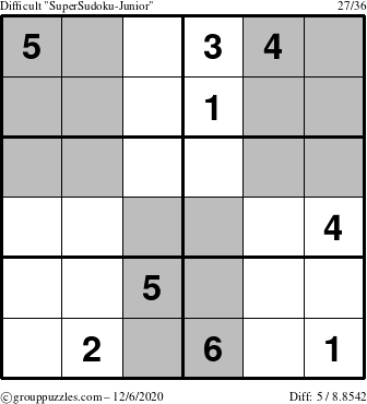 The grouppuzzles.com Difficult SuperSudoku-Junior puzzle for Sunday December 6, 2020