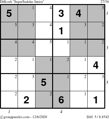 The grouppuzzles.com Difficult SuperSudoku-Junior puzzle for Sunday December 6, 2020 with all 5 steps marked