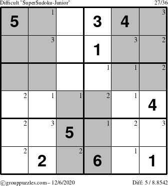 The grouppuzzles.com Difficult SuperSudoku-Junior puzzle for Sunday December 6, 2020 with the first 3 steps marked