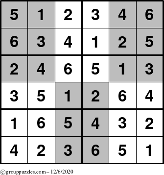 The grouppuzzles.com Answer grid for the SuperSudoku-Junior puzzle for Sunday December 6, 2020