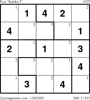 The grouppuzzles.com Easy Sudoku-5 puzzle for Sunday December 6, 2020 with the first 3 steps marked