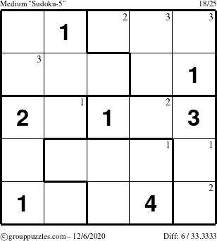 The grouppuzzles.com Medium Sudoku-5 puzzle for Sunday December 6, 2020 with the first 3 steps marked