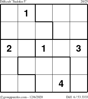 The grouppuzzles.com Difficult Sudoku-5 puzzle for Sunday December 6, 2020