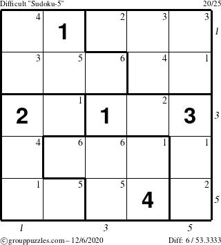 The grouppuzzles.com Difficult Sudoku-5 puzzle for Sunday December 6, 2020 with all 6 steps marked