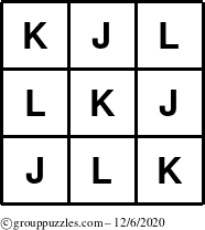 The grouppuzzles.com Answer grid for the TicTac-JKL puzzle for Sunday December 6, 2020