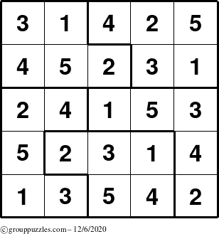 The grouppuzzles.com Answer grid for the Sudoku-5 puzzle for Sunday December 6, 2020